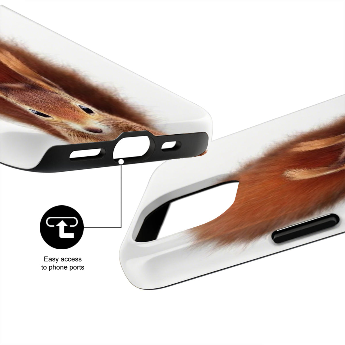 Phone case with horse design and text 'Easy access to phone ports' on a white background