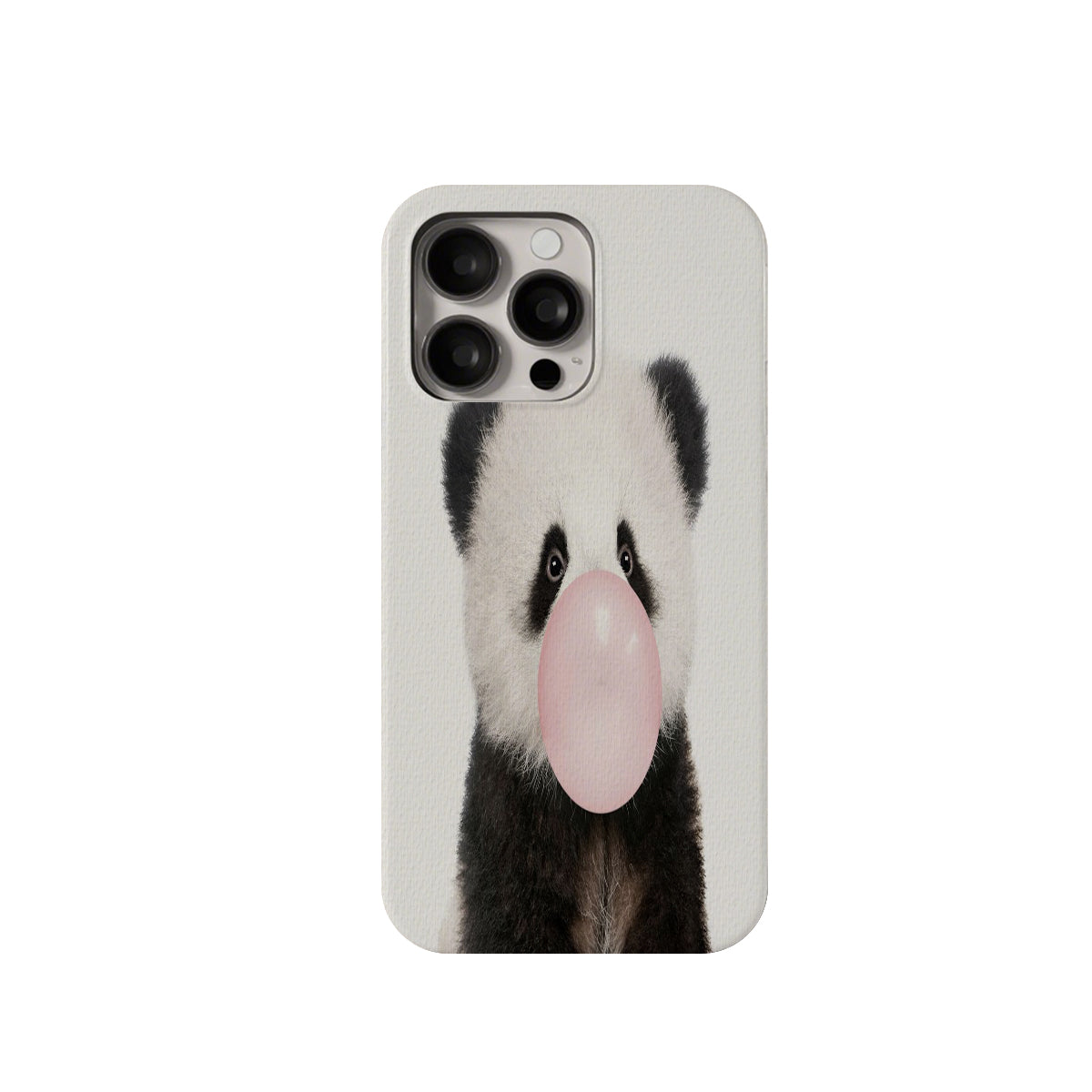 Phone case with a panda design blowing a bubble on a white background