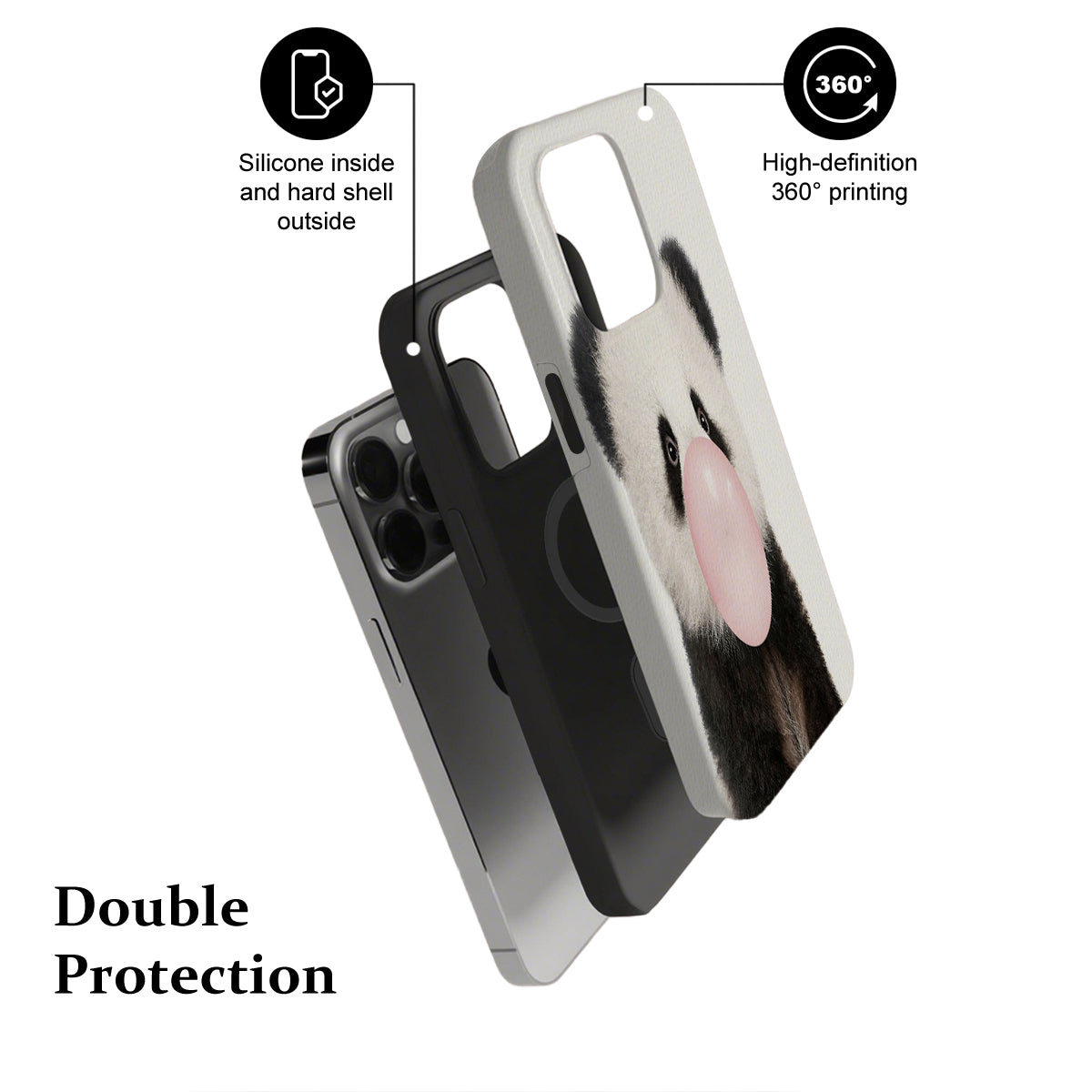 Phone case with text indicating double protection features on a white background