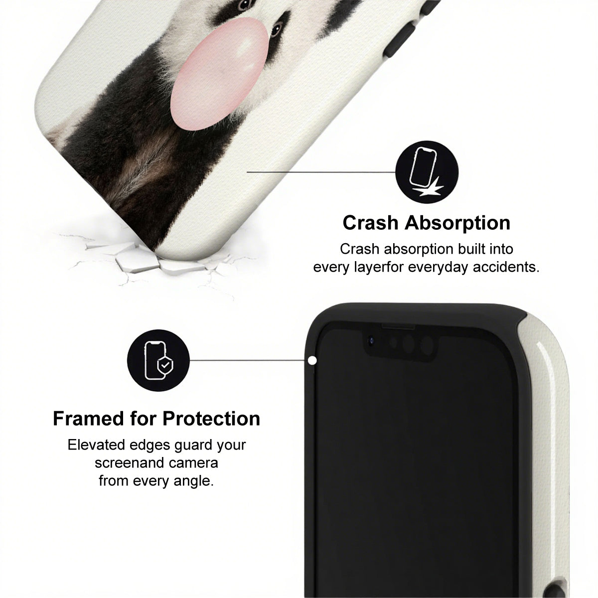 Phone case with cow print and text highlighting crash absorption and protection features.