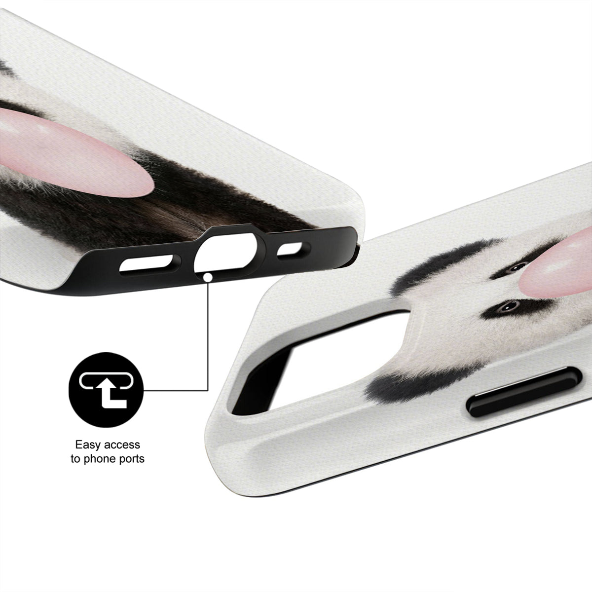 Phone case with a dog's face design and text indicating easy access to phone ports.