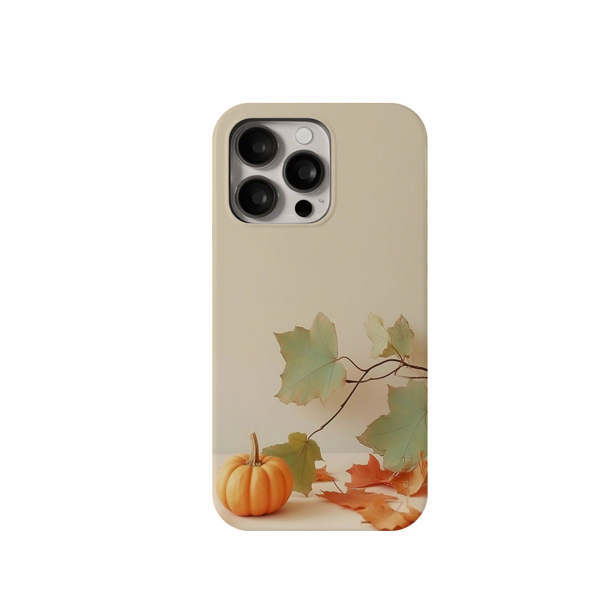 Phone case with autumn design featuring leaves and a pumpkin on a beige background