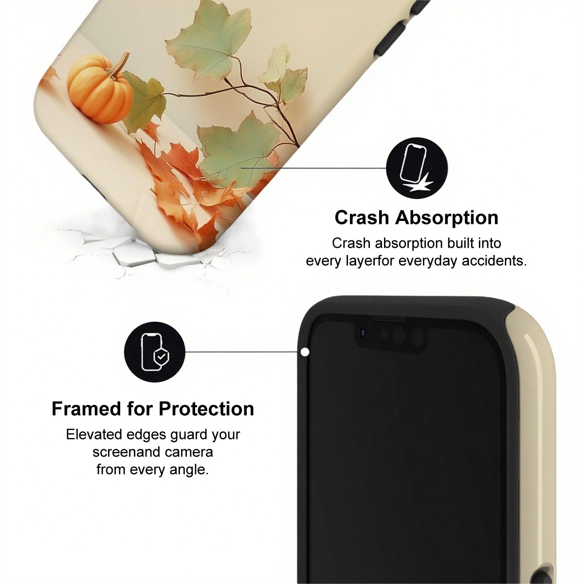 Phone case with autumn design and text highlighting crash absorption and protection features.