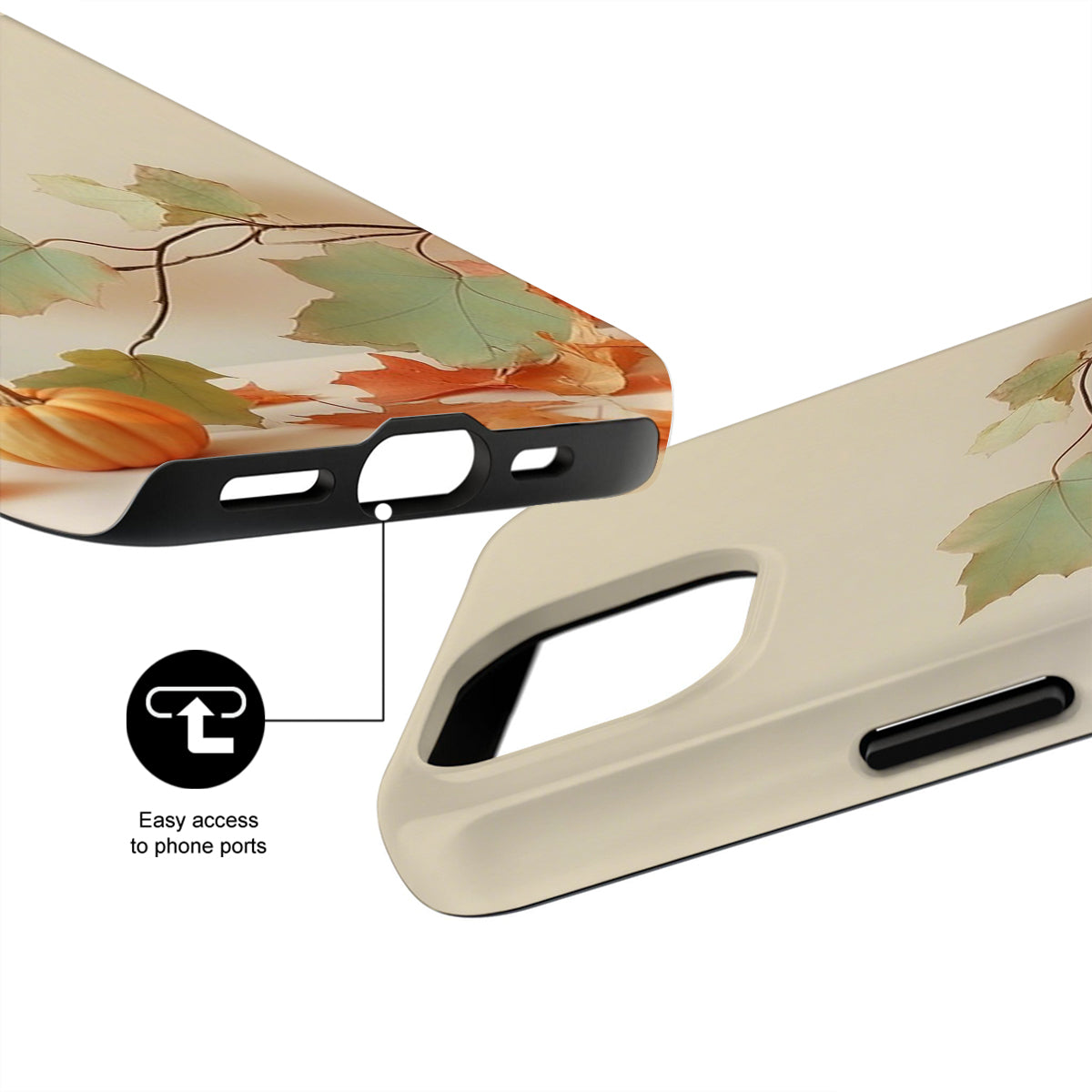 Phone case with floral design and ports accessibility feature on a white background