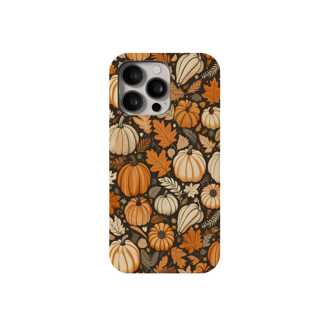 Phone case with autumnal design featuring pumpkins and leaves on a white background