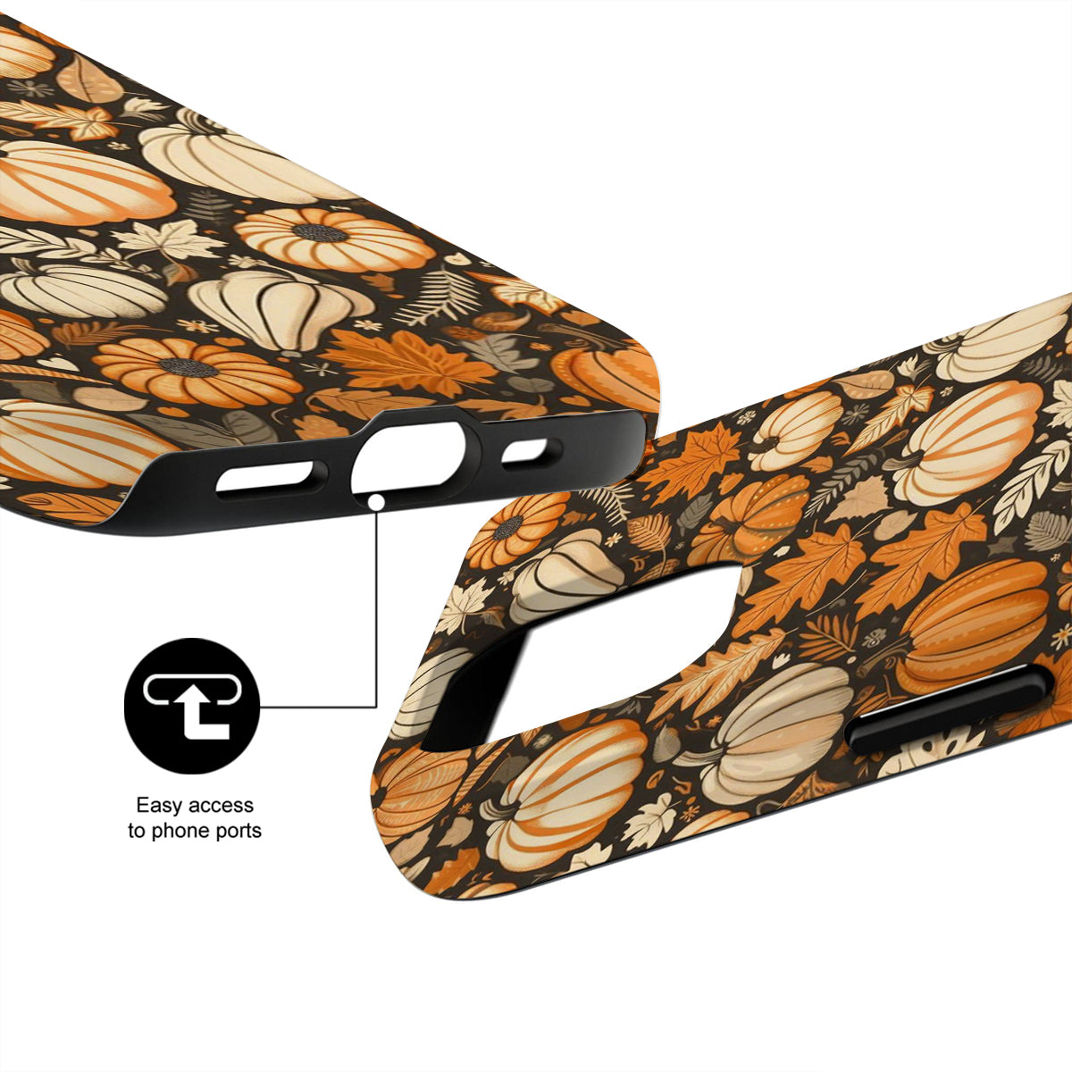 Phone case with pumpkin and leaf pattern on a white background