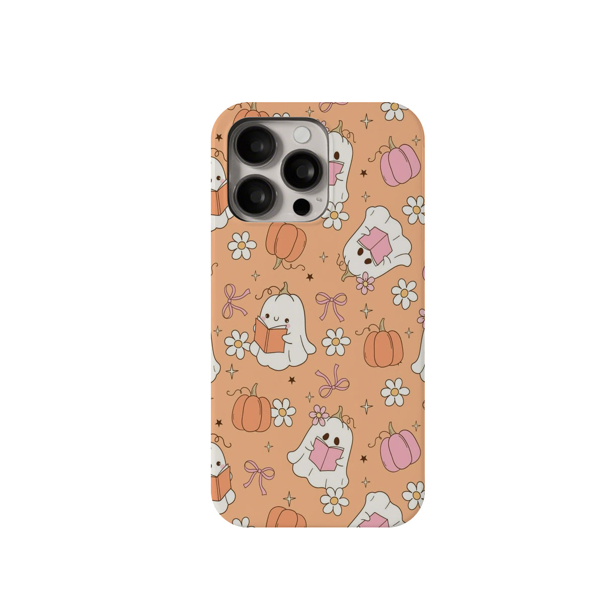 Phone case with cute ghost and pumpkin design on a peach background