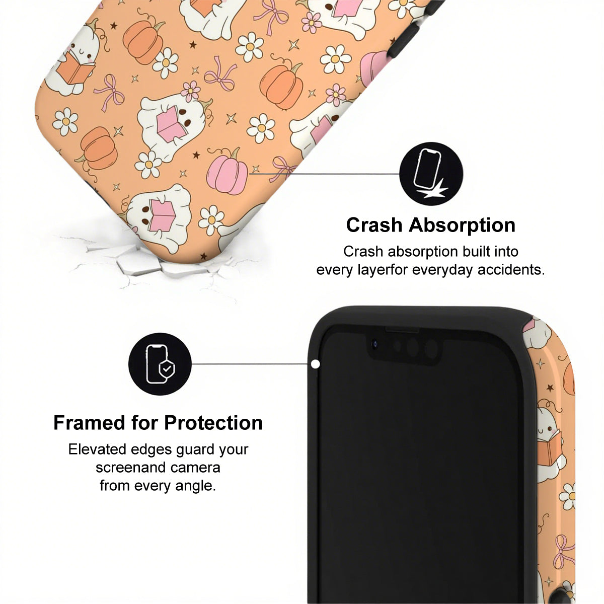 Phone case with cartoon design and text highlighting crash absorption and protection features.