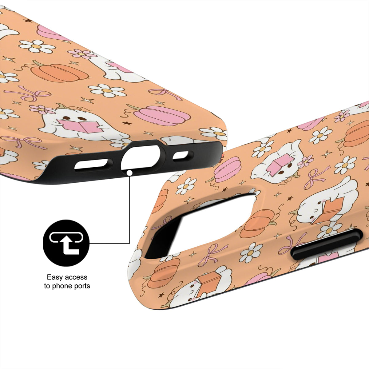 Phone case with cute design featuring animals and flowers on a white background