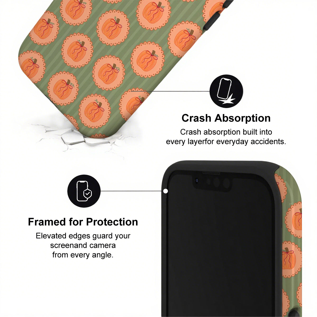 Phone case with pumpkin pattern and text about crash absorption and protection.