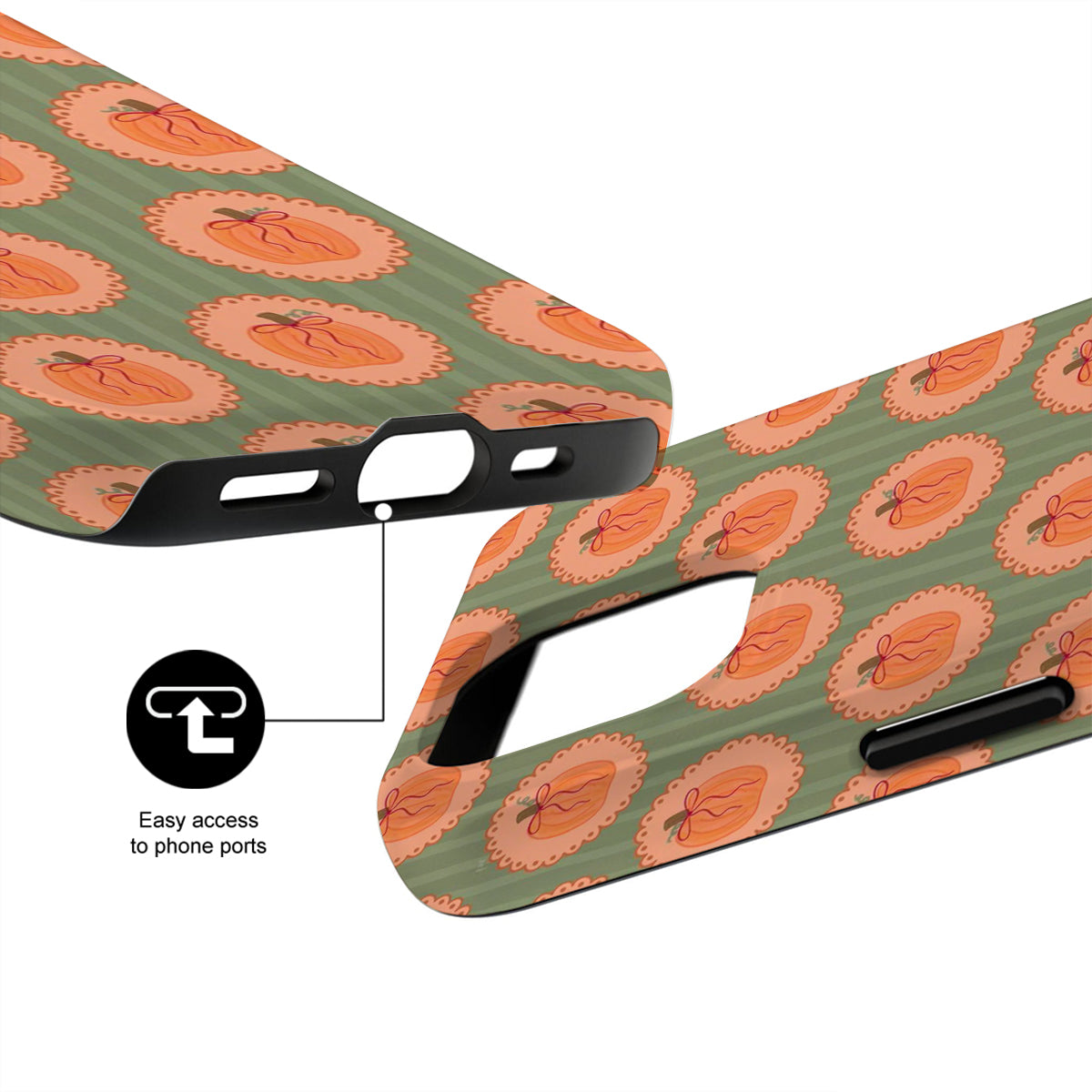 Phone case with pumpkin pattern and easy access to phone ports feature