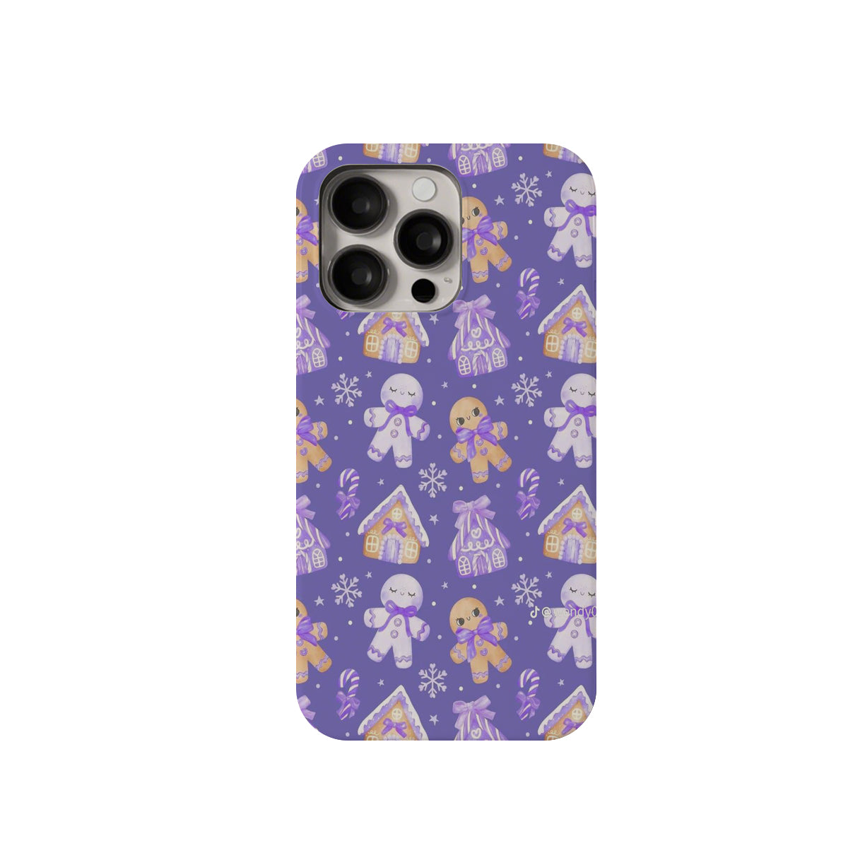 Phone case with teddy bear and gingerbread man pattern on a purple background