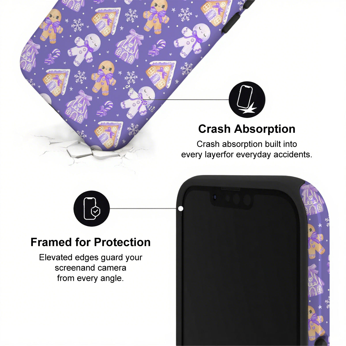 Phone case with purple teddy bear pattern and text highlighting crash absorption and protection features.