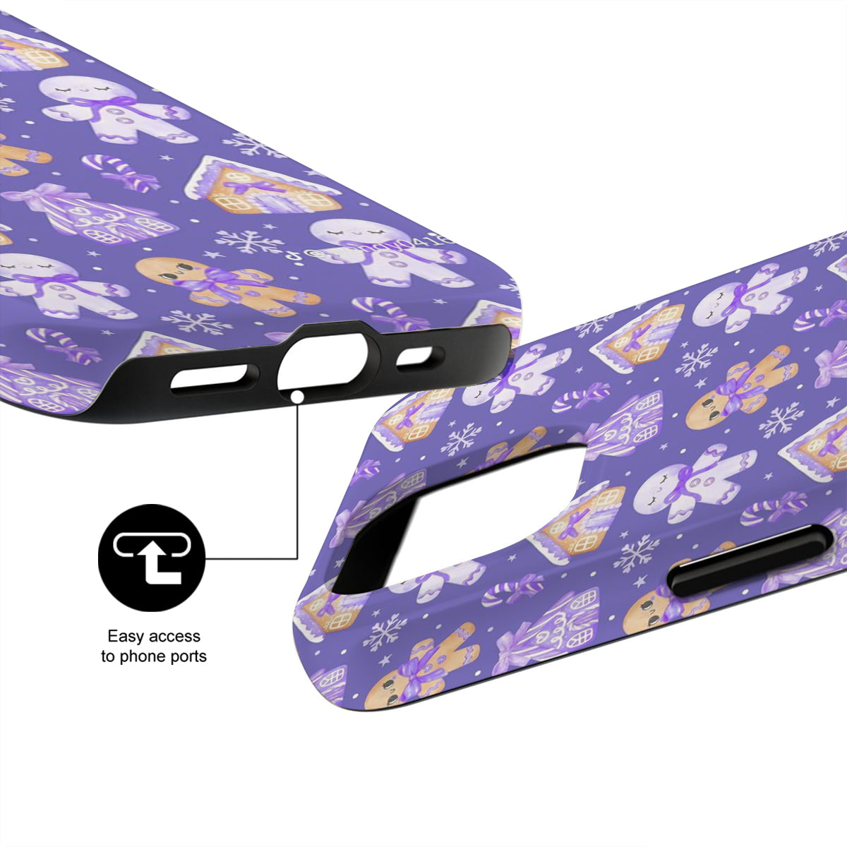 Purple phone case with cartoon character design and text 'Easy access to phone ports'.
