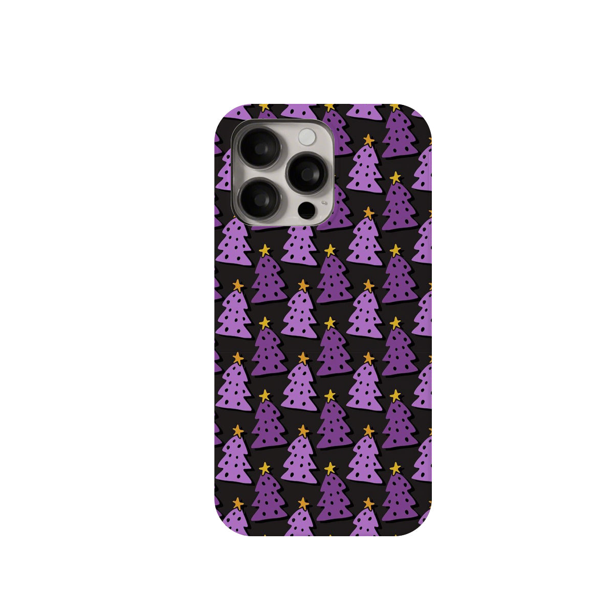 Phone case with purple Christmas tree pattern on a black background