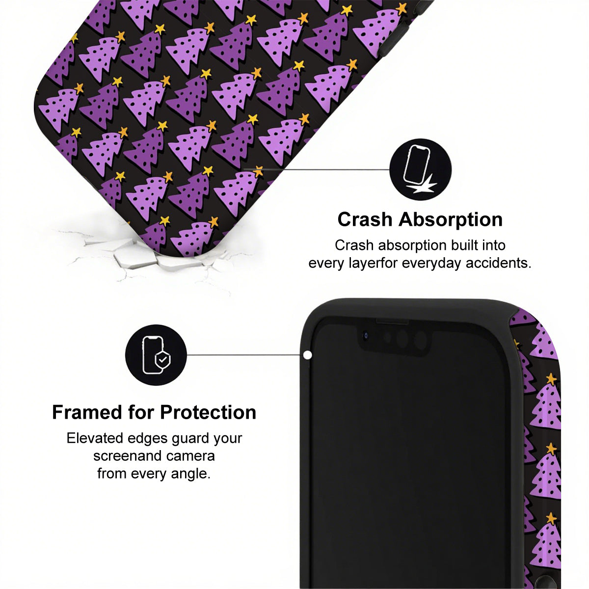 Phone case with purple Christmas tree pattern and text about crash absorption and protection.