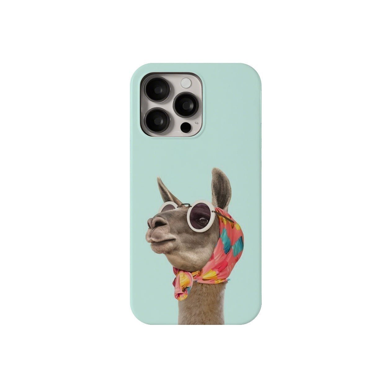 Phone case with a llama design wearing sunglasses and a bandana on a light blue background