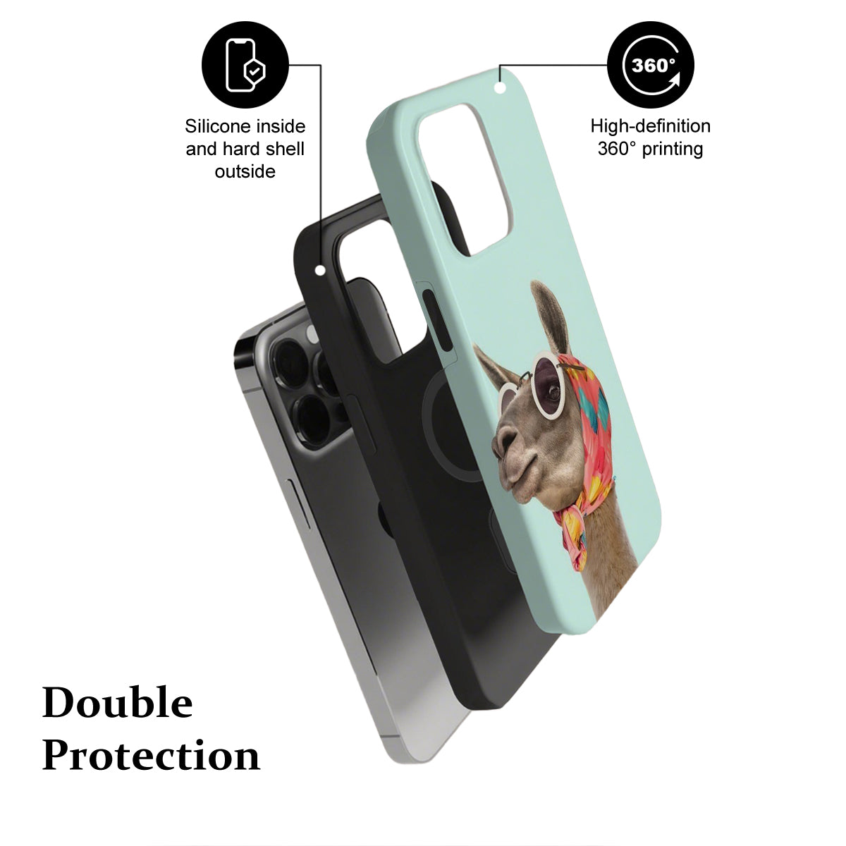 Phone case with a donkey design, featuring text on features and double protection.