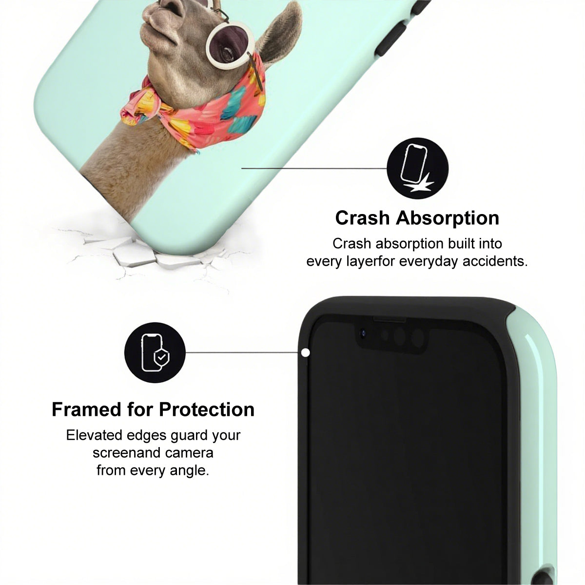 Phone case with a design of a deer wearing sunglasses and a bandana, featuring text about crash absorption and protection.