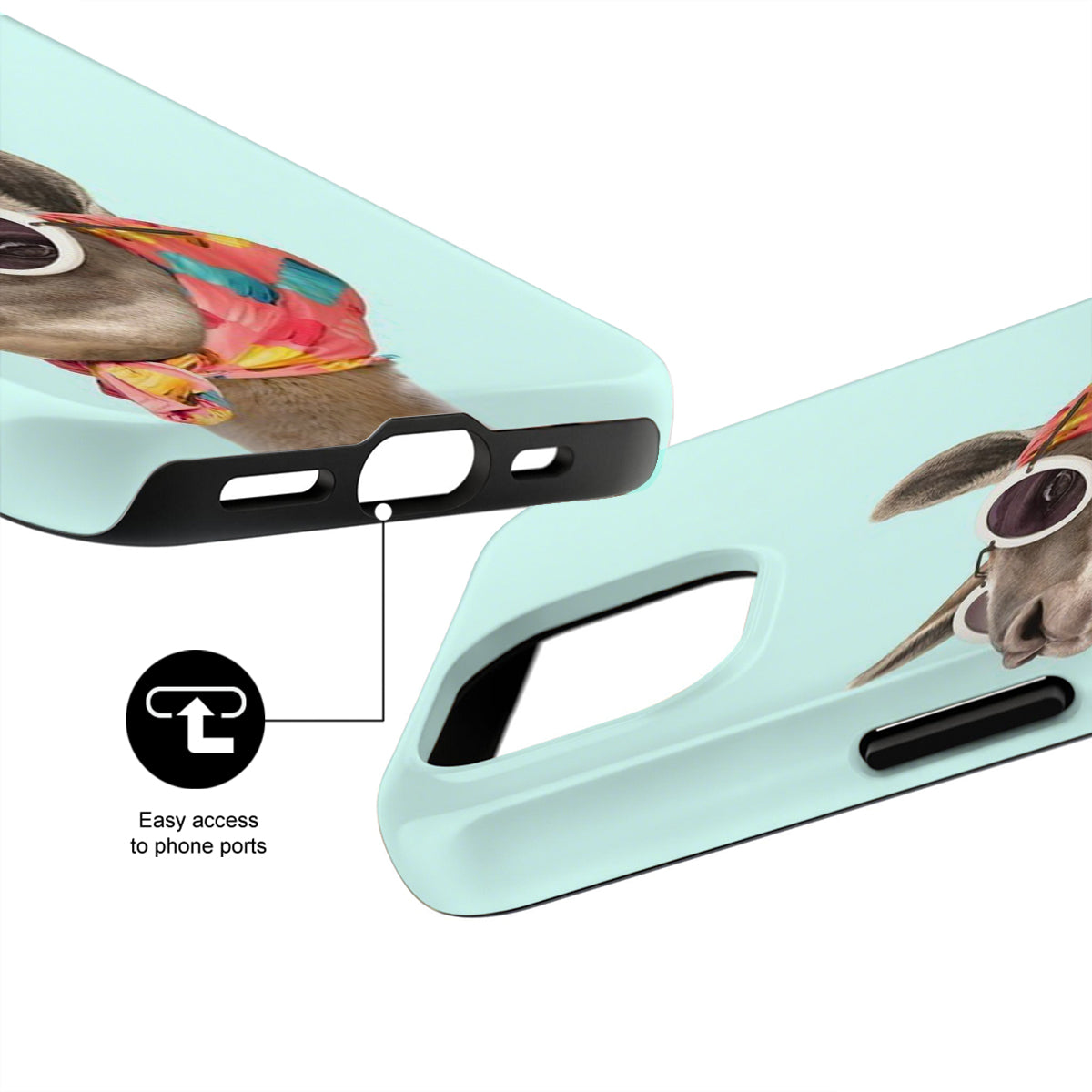 Phone case with a donkey design and text 'Easy access to phone ports' on a light blue background