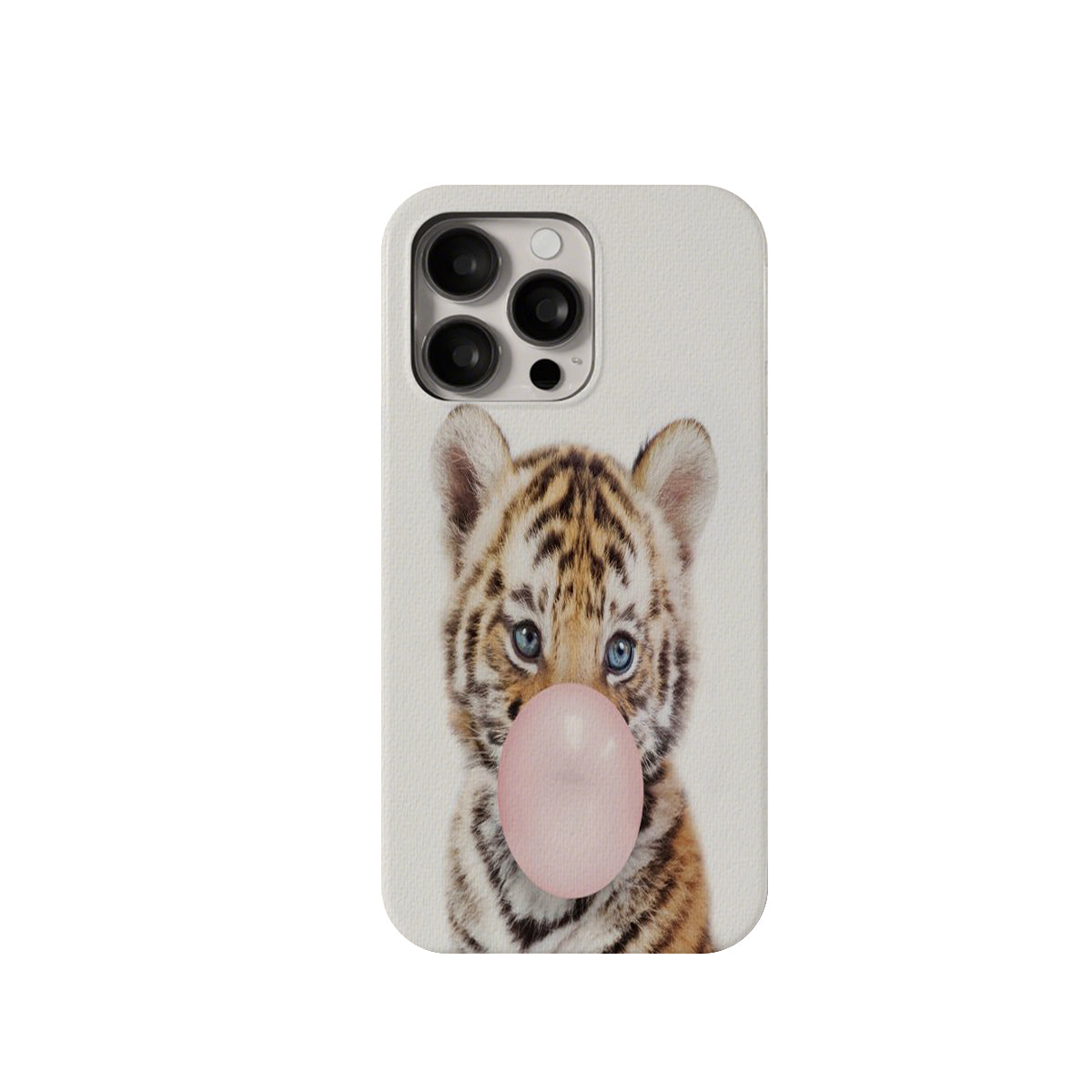 Phone case with a tiger design blowing a bubble on a white background