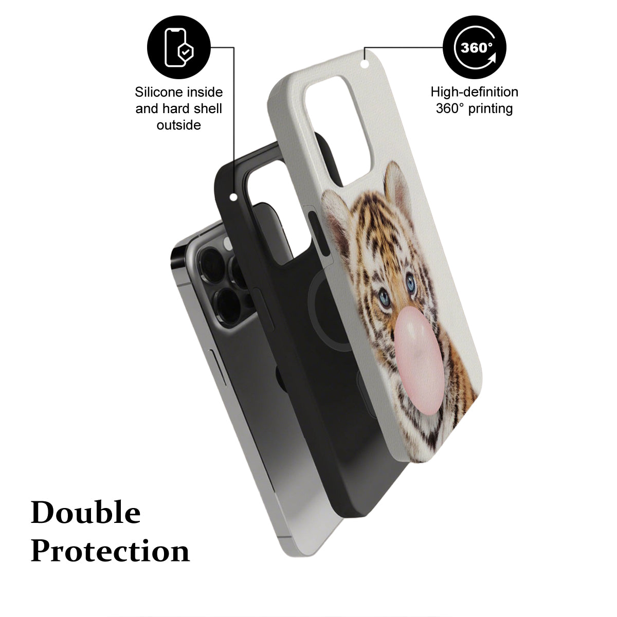 Phone case with tiger design, highlighting features on a white background