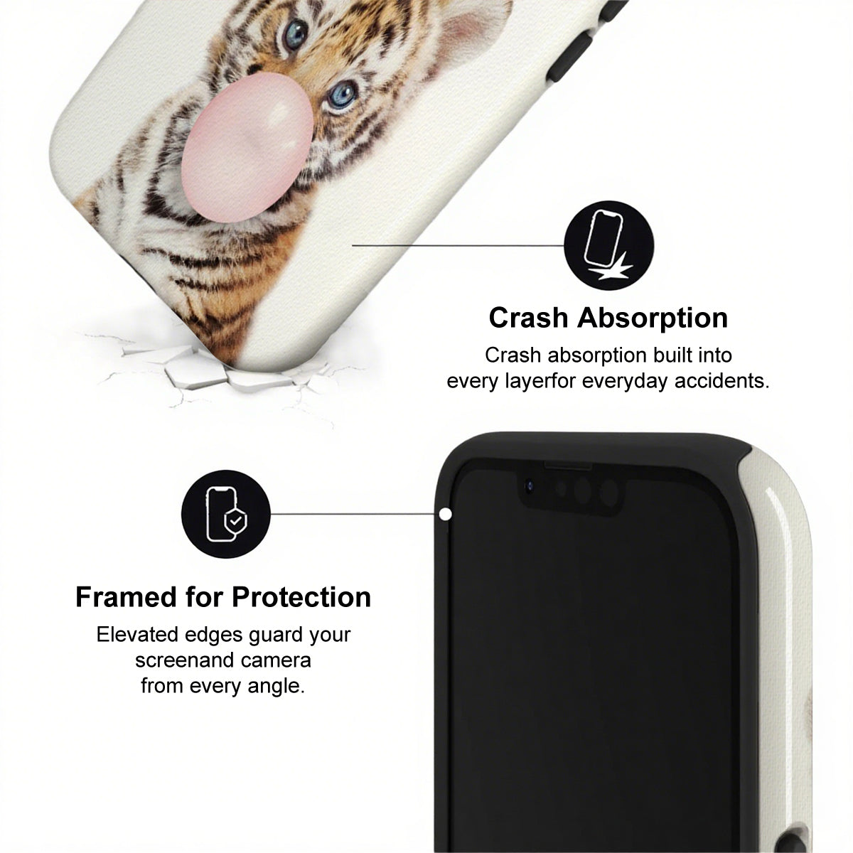 Phone case with tiger design and text highlighting crash absorption and protection features.