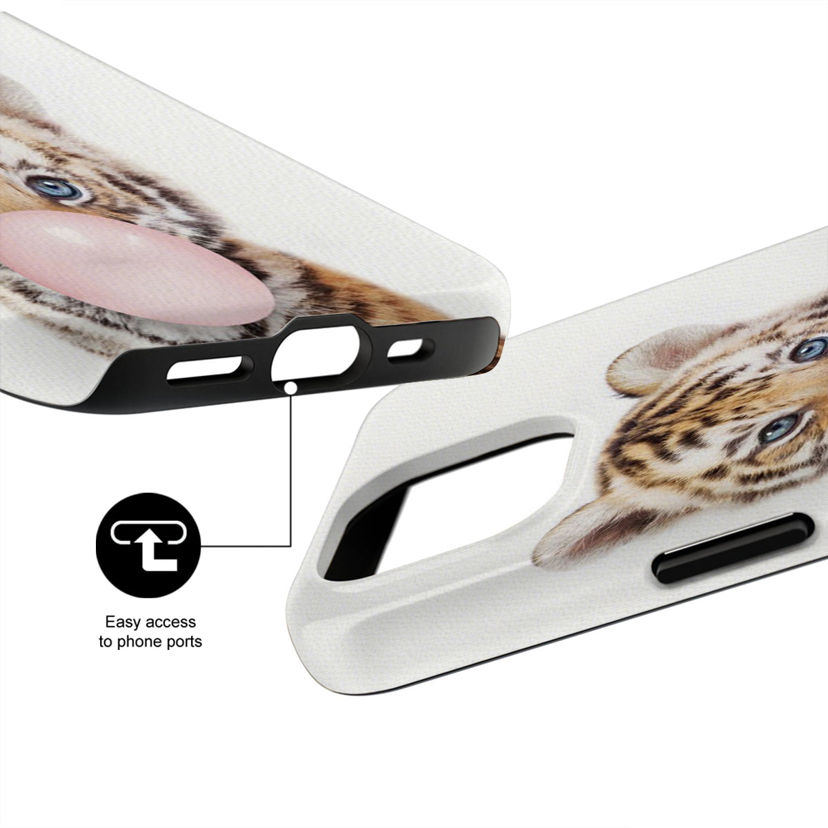 Phone case with tiger design and text 'Easy access to phone ports' on a white background