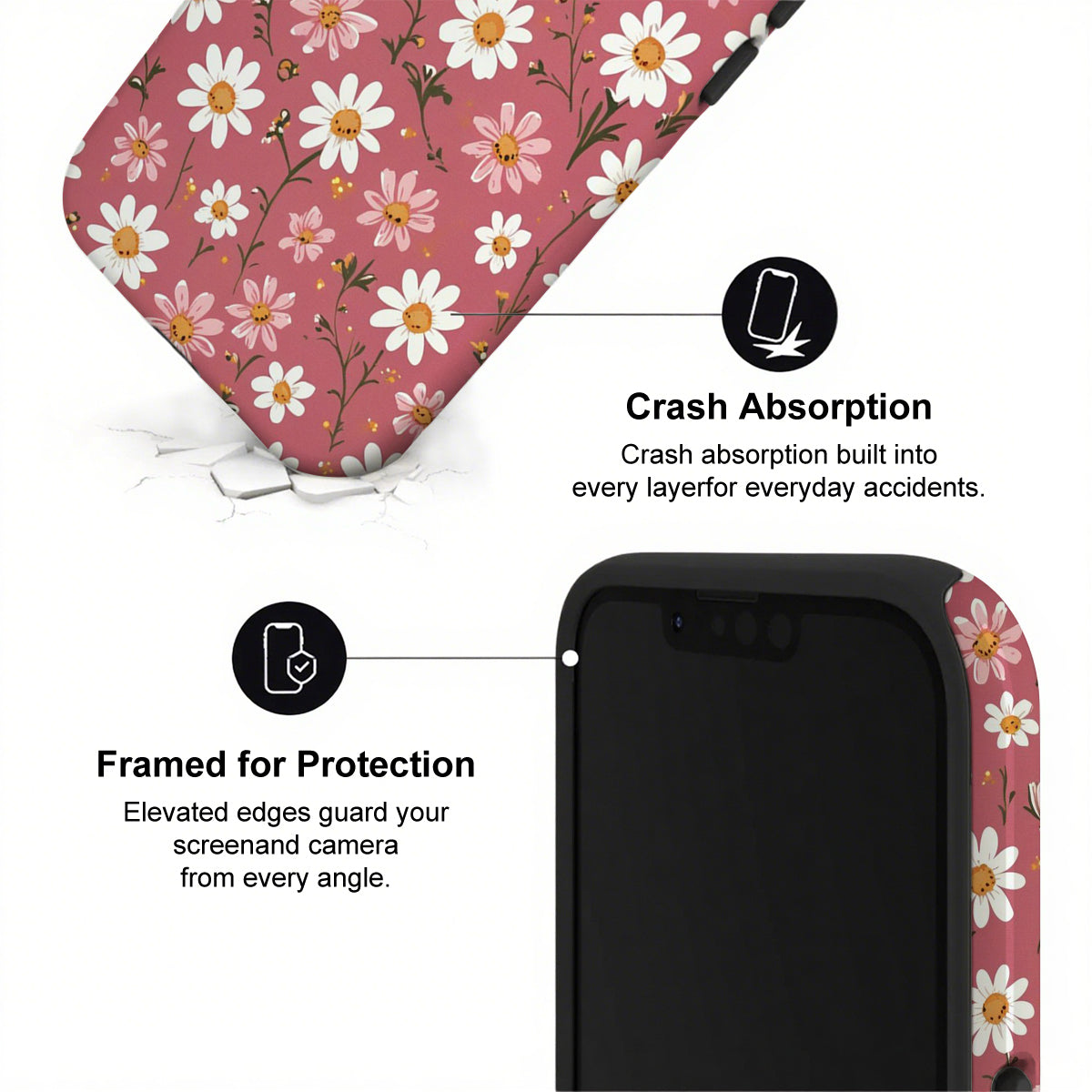 Phone case with floral design and text highlighting crash absorption and protection features.
