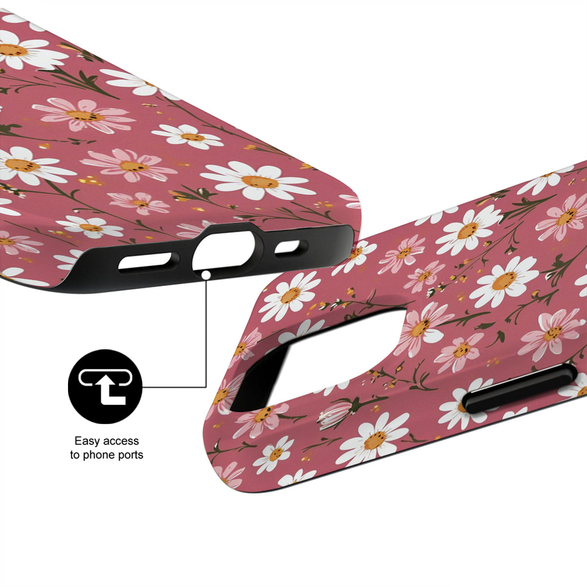 Floral phone case with easy access to phone ports on a white background