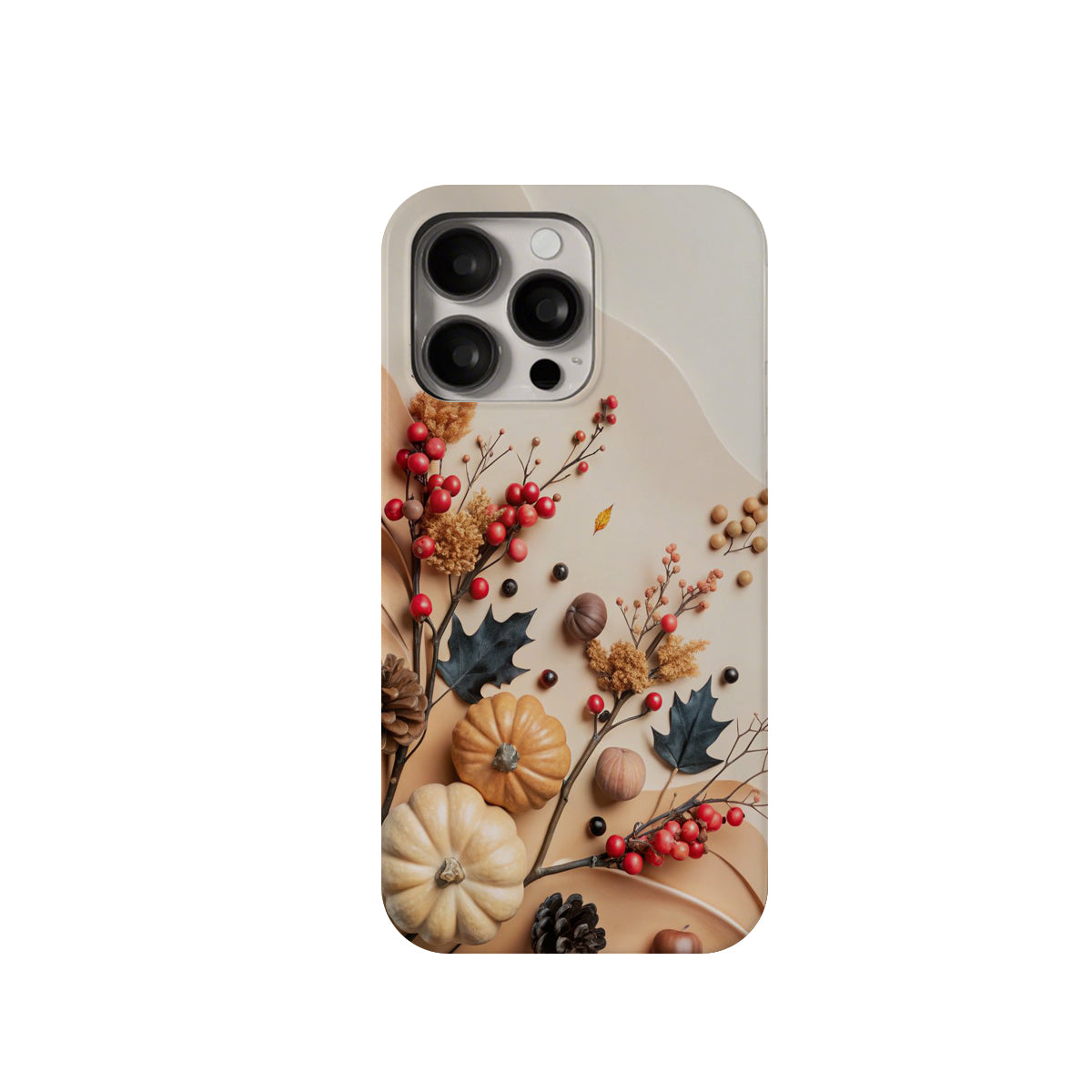 Phone case with autumn design featuring pumpkins, leaves, and berries on a beige background