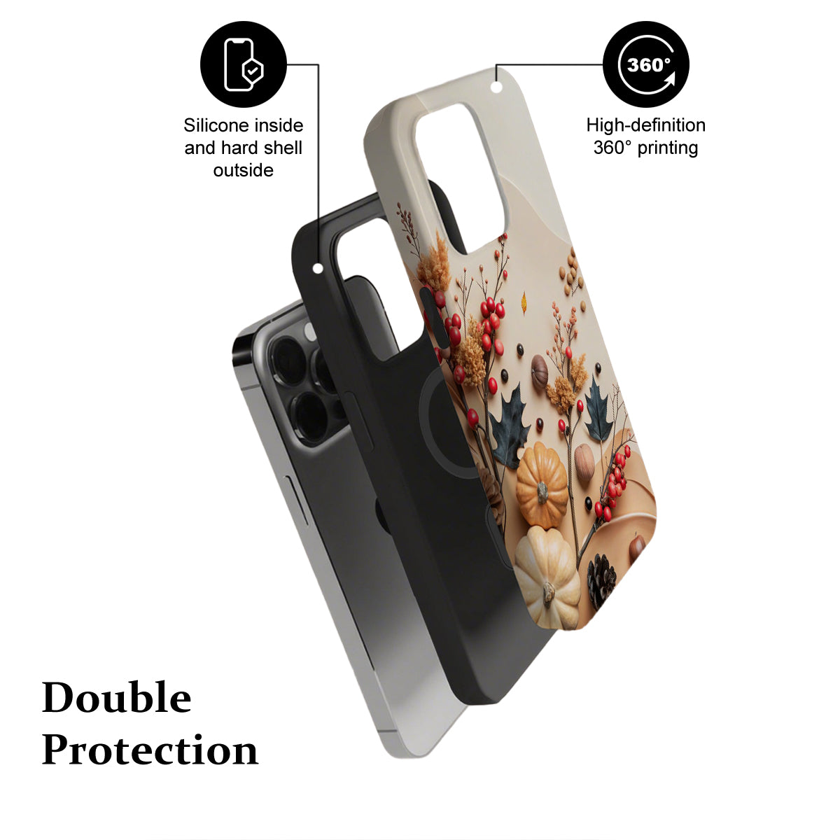 Phone case with floral design and text highlighting features on a white background