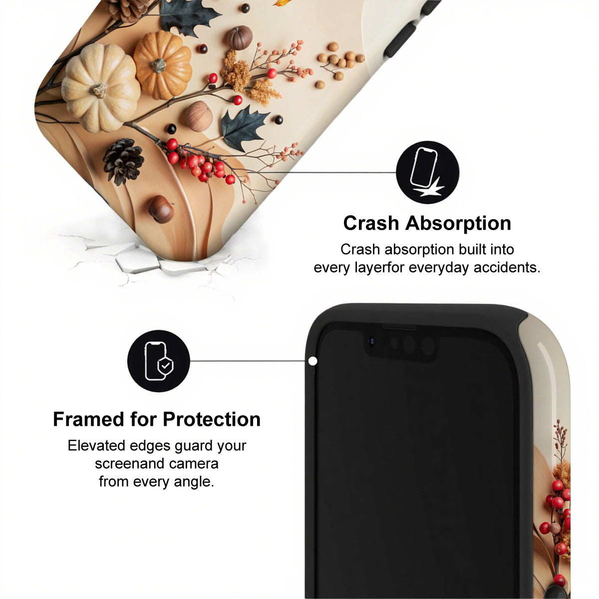Phone case with autumn design and text highlighting crash absorption and protection.