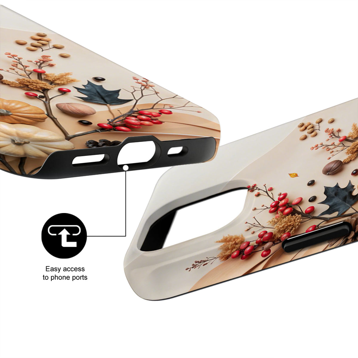 Two phone cases with autumn-themed design on a white background