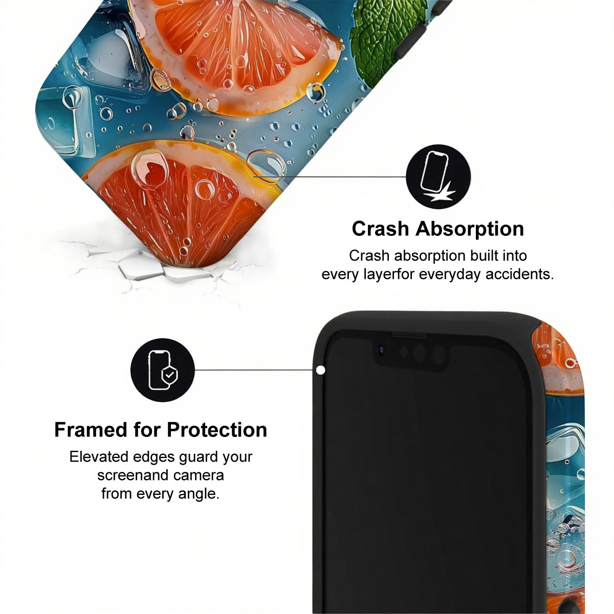 Phone case with crash absorption and framed protection features, shown with a colorful fruit background.