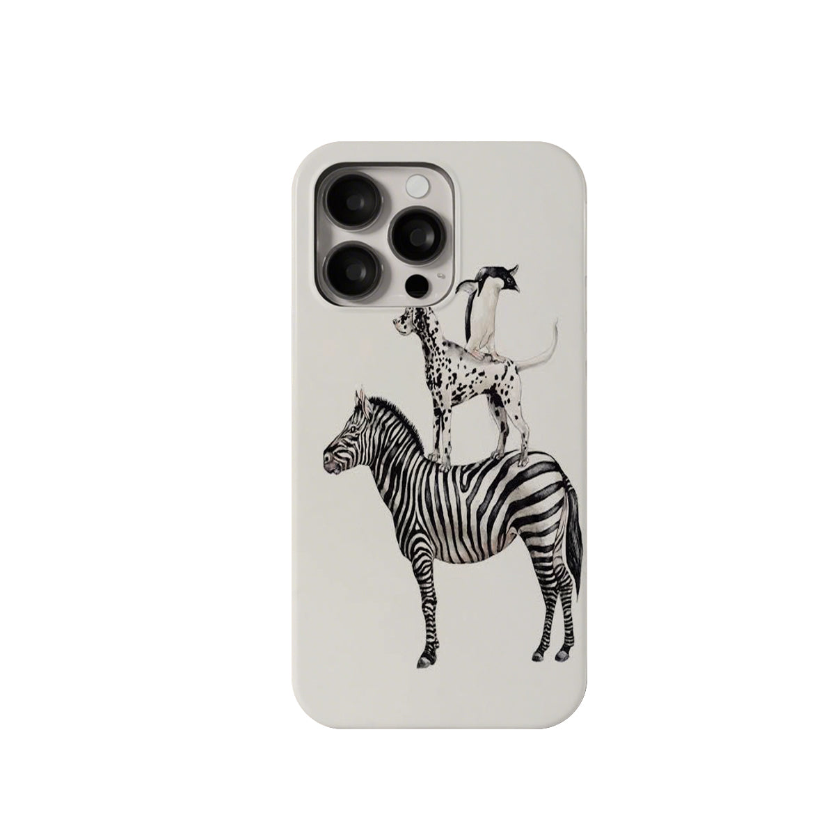 Phone case with zebra and dalmatian design on a white background