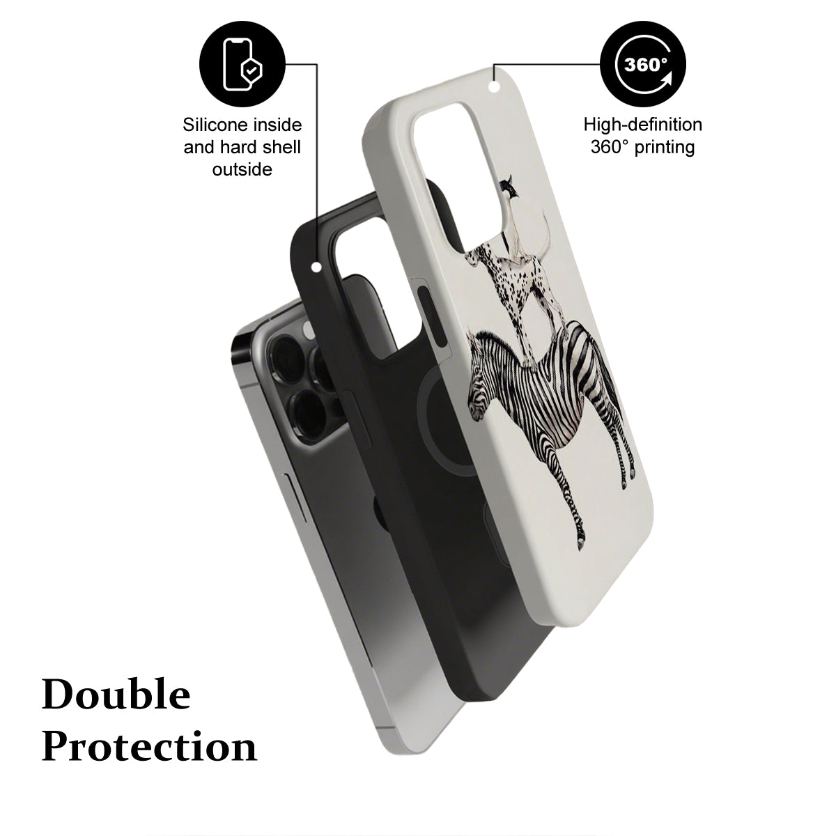 Phone case with zebra design, highlighting features on a white background