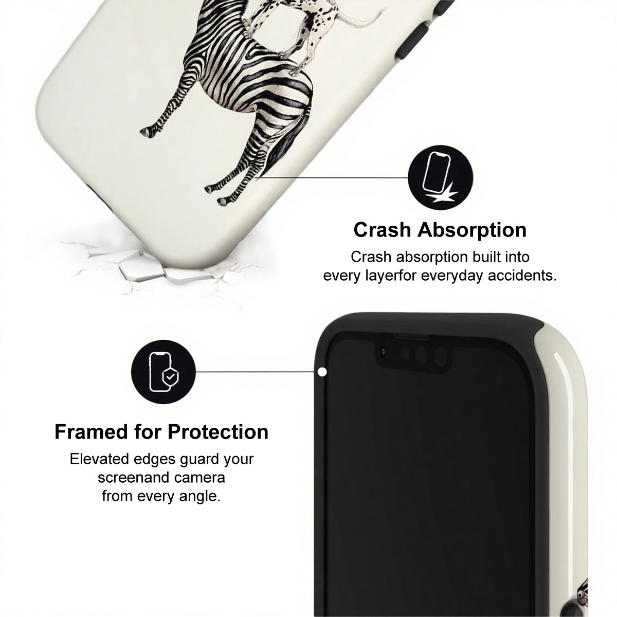 Phone case with zebra design and text highlighting crash absorption and protection features.