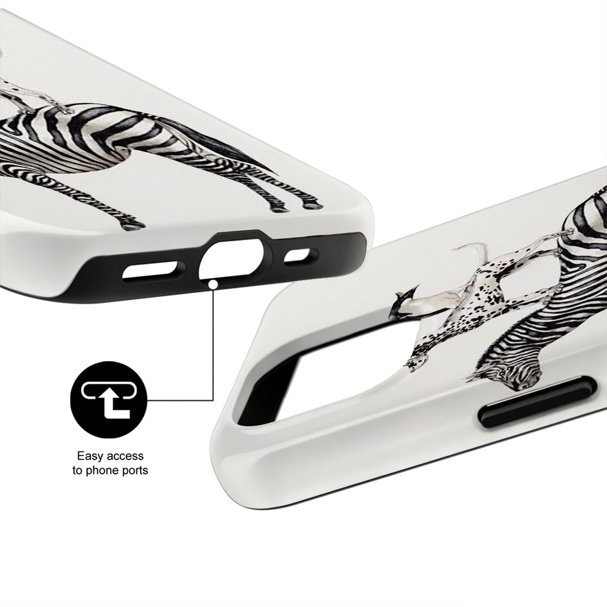 Phone case with zebra design and text indicating easy access to phone ports