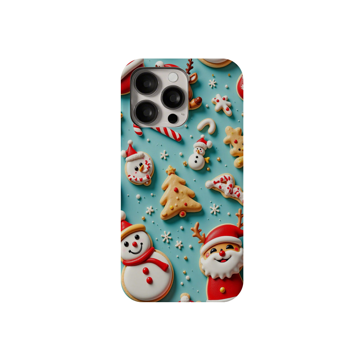Phone case with Christmas-themed cookies on a blue background