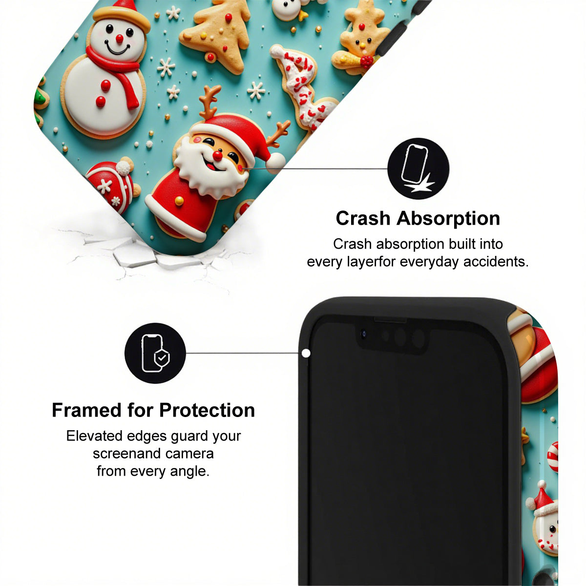 Phone case with Christmas design and text about crash absorption and protection.
