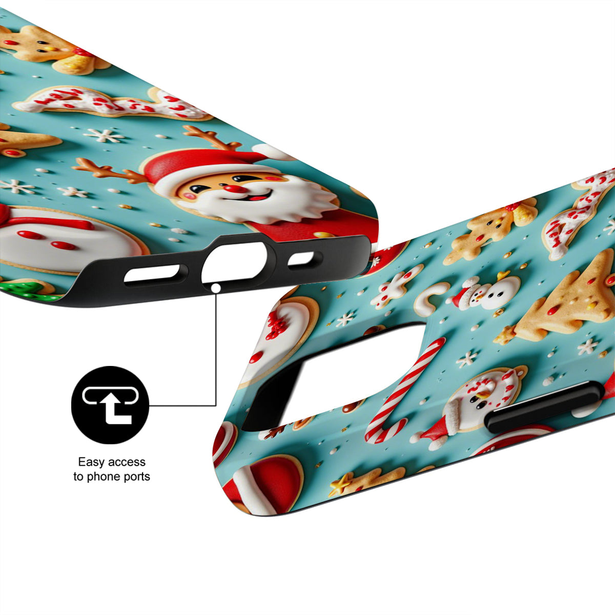 Phone case with Christmas design featuring Santa Claus, reindeer, and cookies on a blue background.