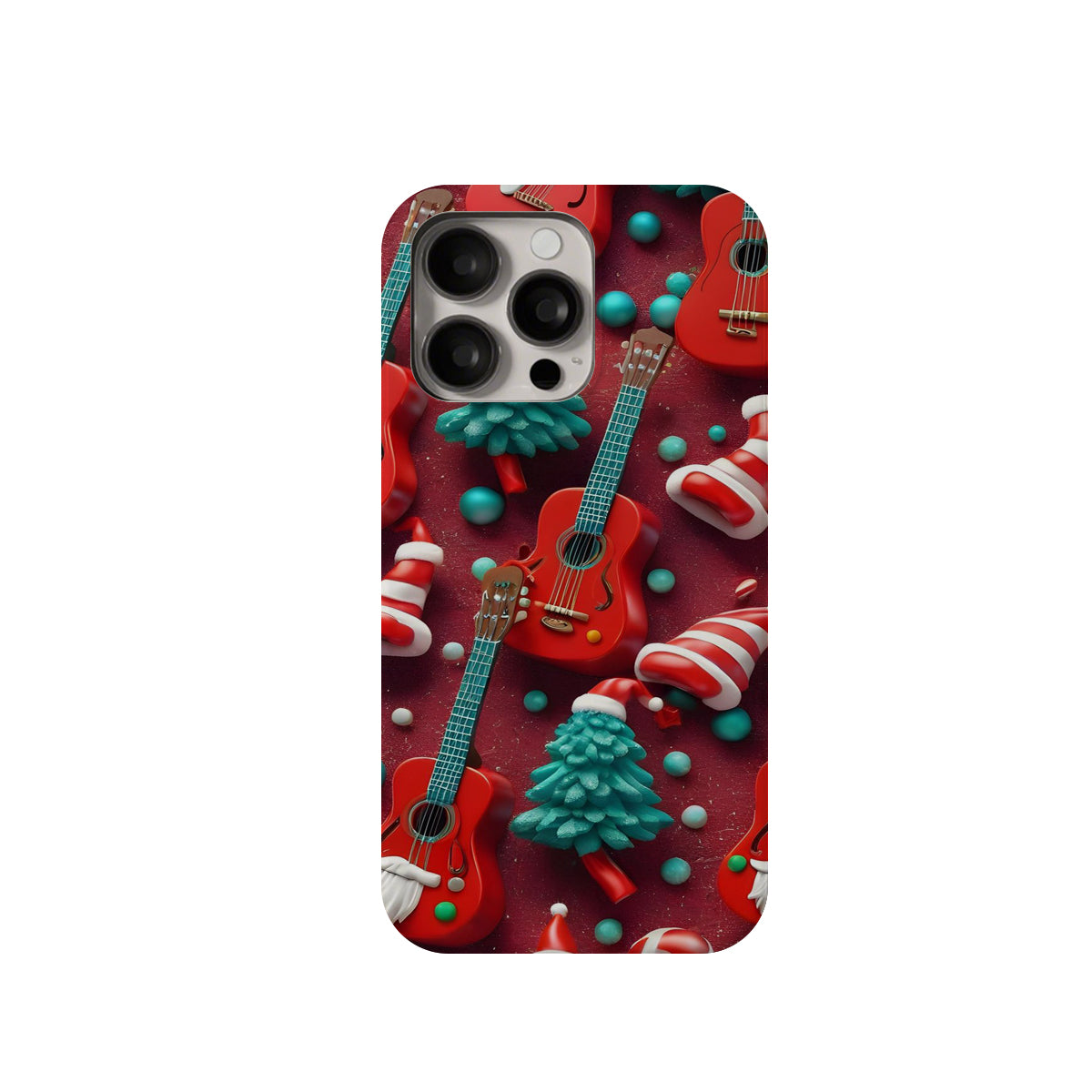 Phone case with Christmas-themed design featuring guitars, trees, and candy on a red background