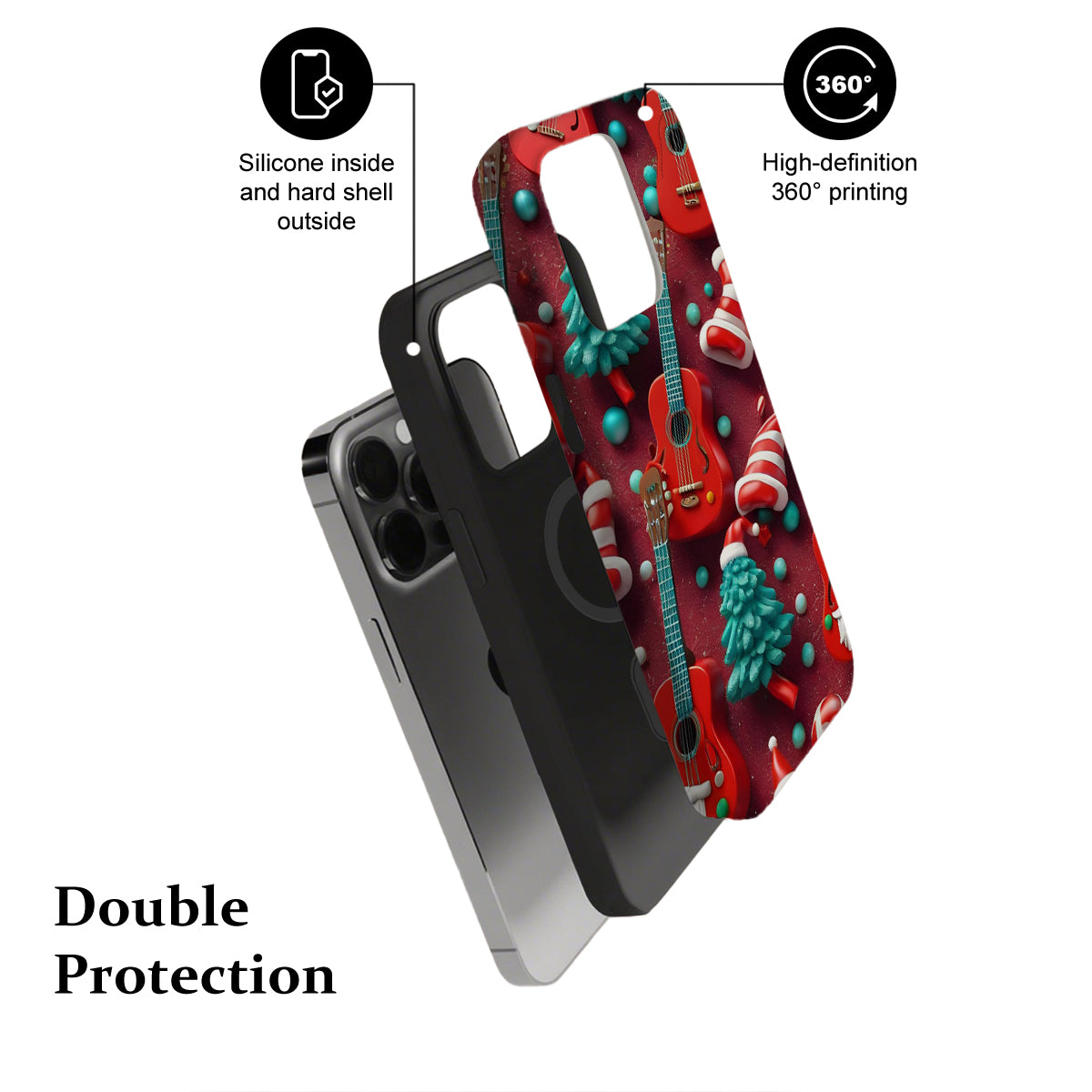 Phone case with guitar design and text highlighting features on a white background