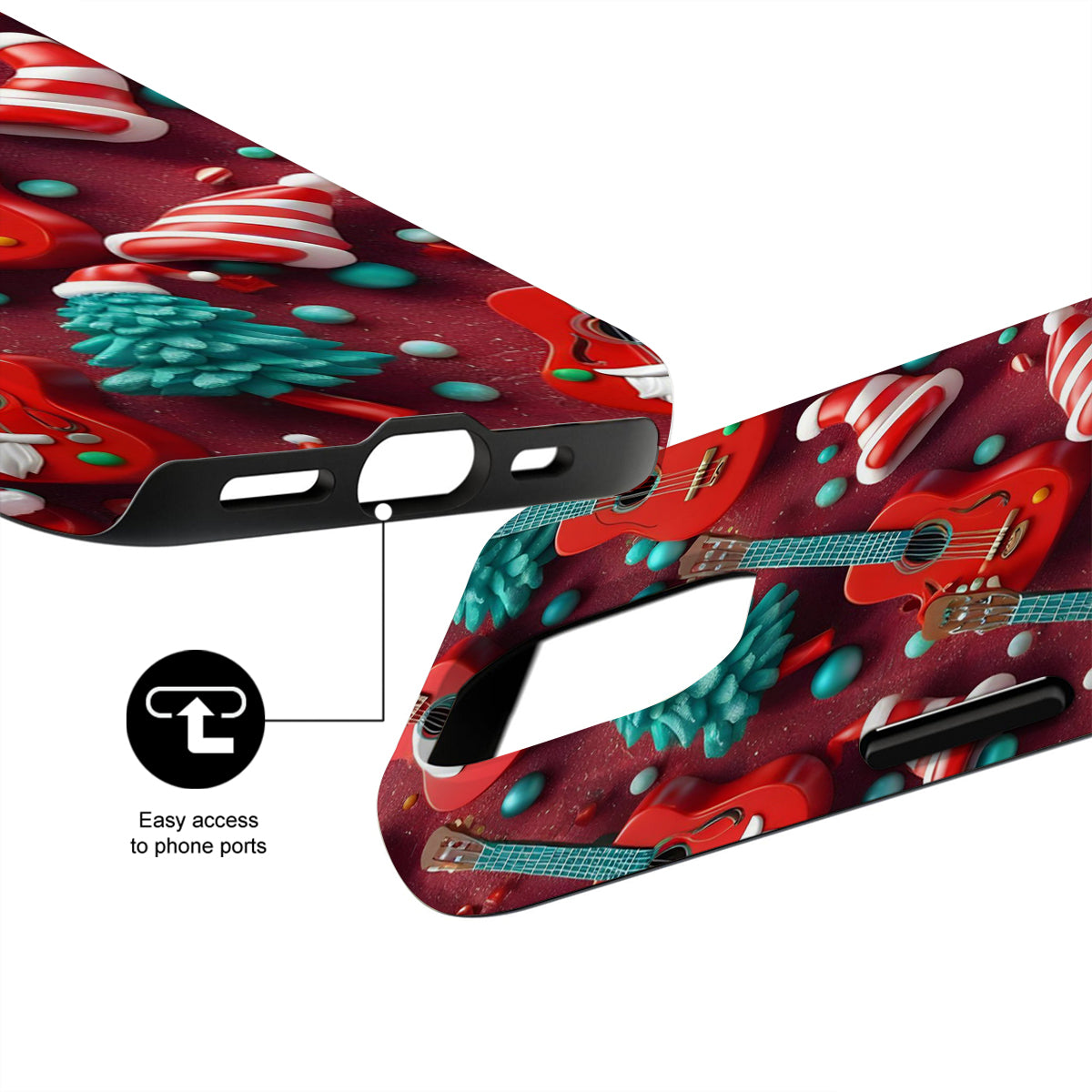 Phone case with guitar design and candy cane pattern on a white background