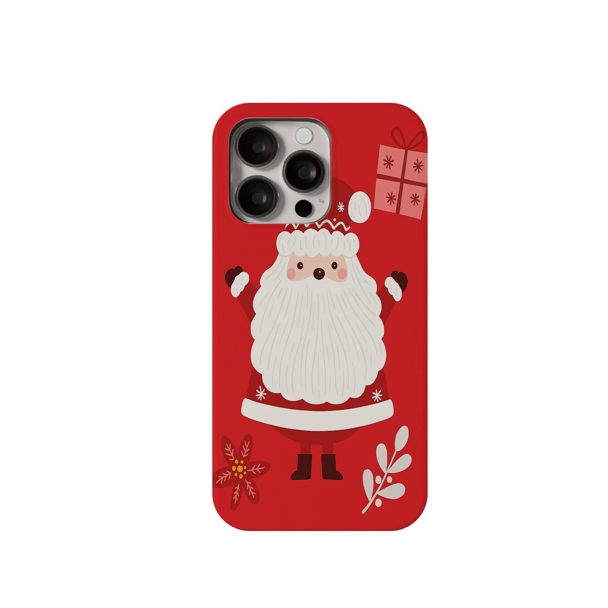 Phone case with a cartoon Santa Claus design on a red background