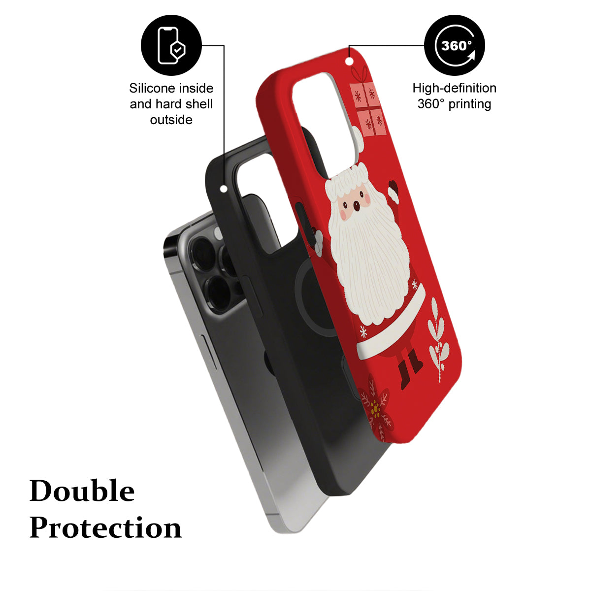 Phone case with Santa Claus design and text highlighting features on a white background