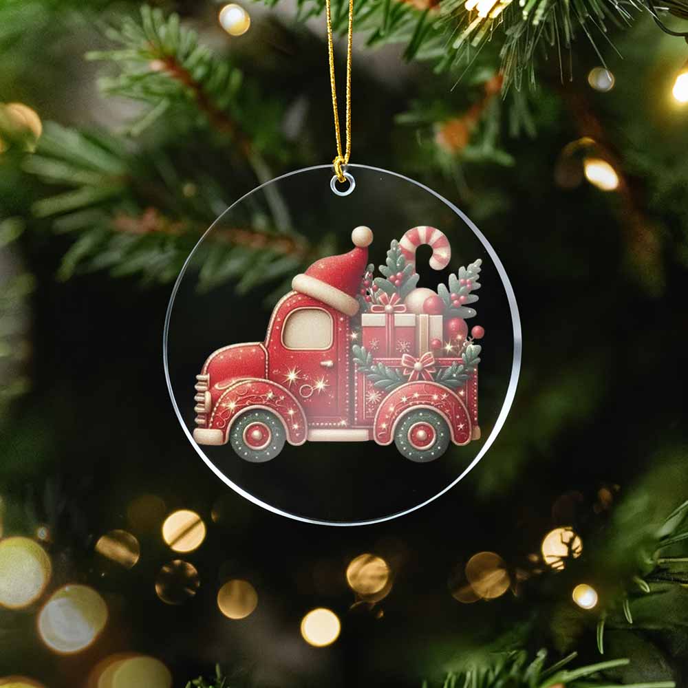 Christmas ornament with a red truck carrying gifts and candy canes on a tree.