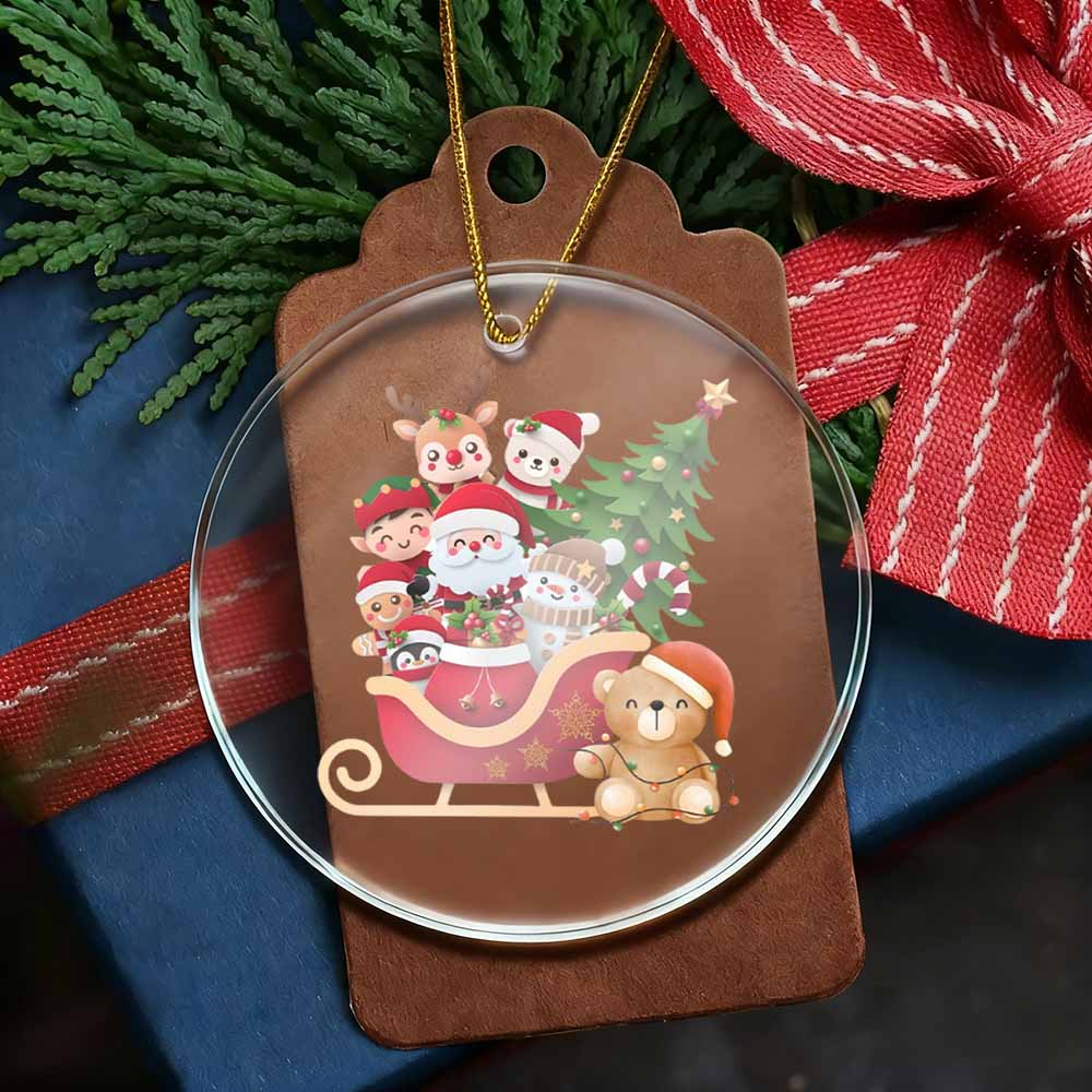 Christmas-themed gift tag with Santa Claus and reindeer design on a brown background.