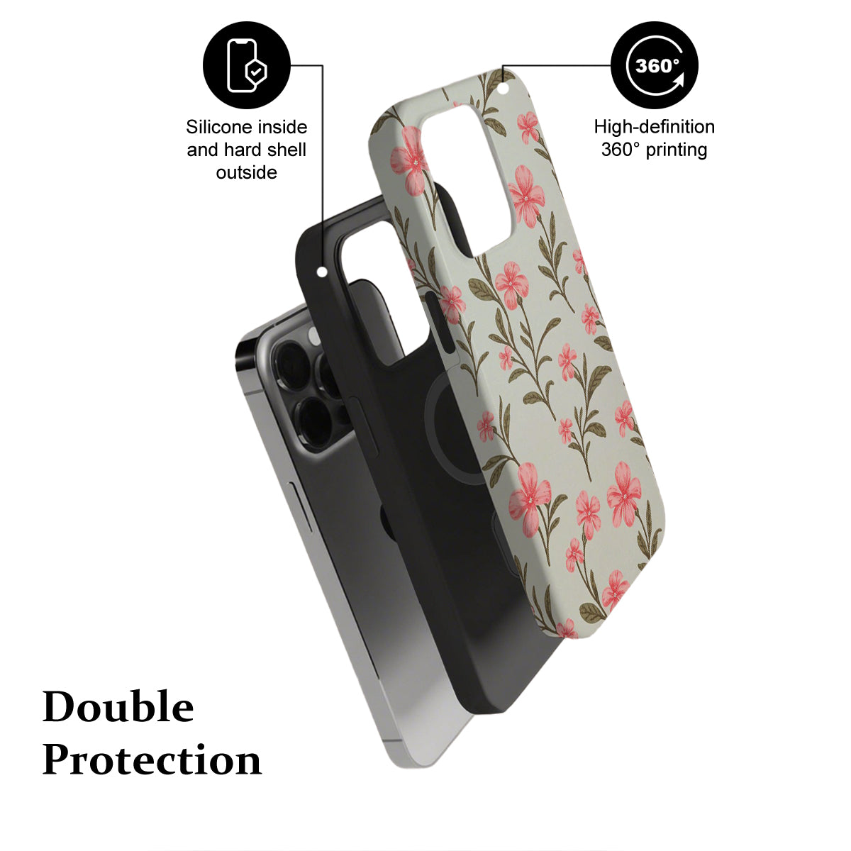 Phone case with floral design and text highlighting features on a white background
